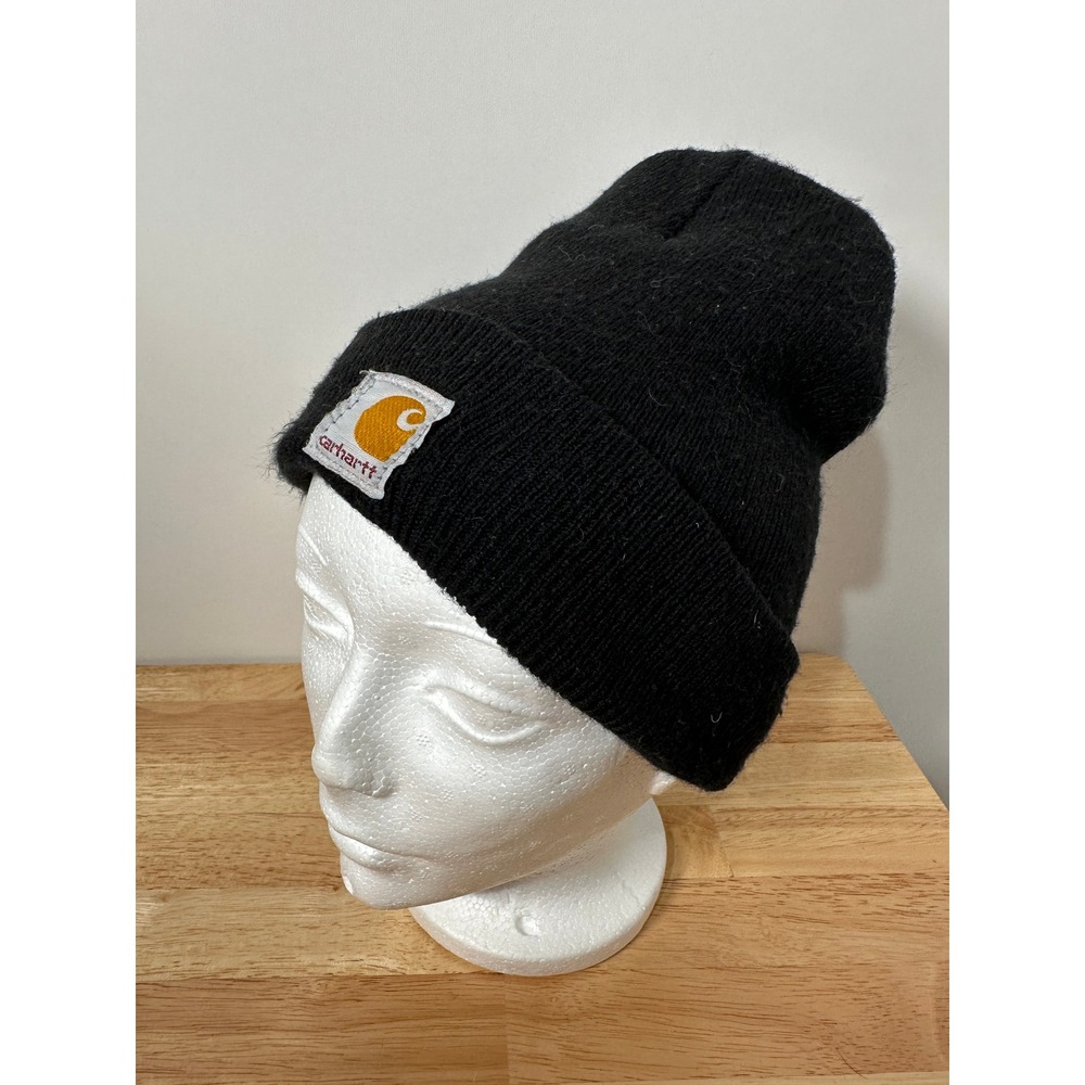 Carhartt Black Solid Knit Beanie Hat Logo Patch Workwear Streetwear OS